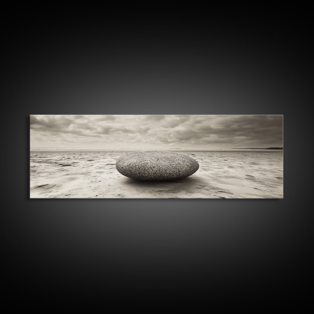Round Beach Boulder, Serene Shore, Natural Simplicity, Neutral Toned Framed Canvas Print, Minimalist Living Room or Yoga Wall Art
