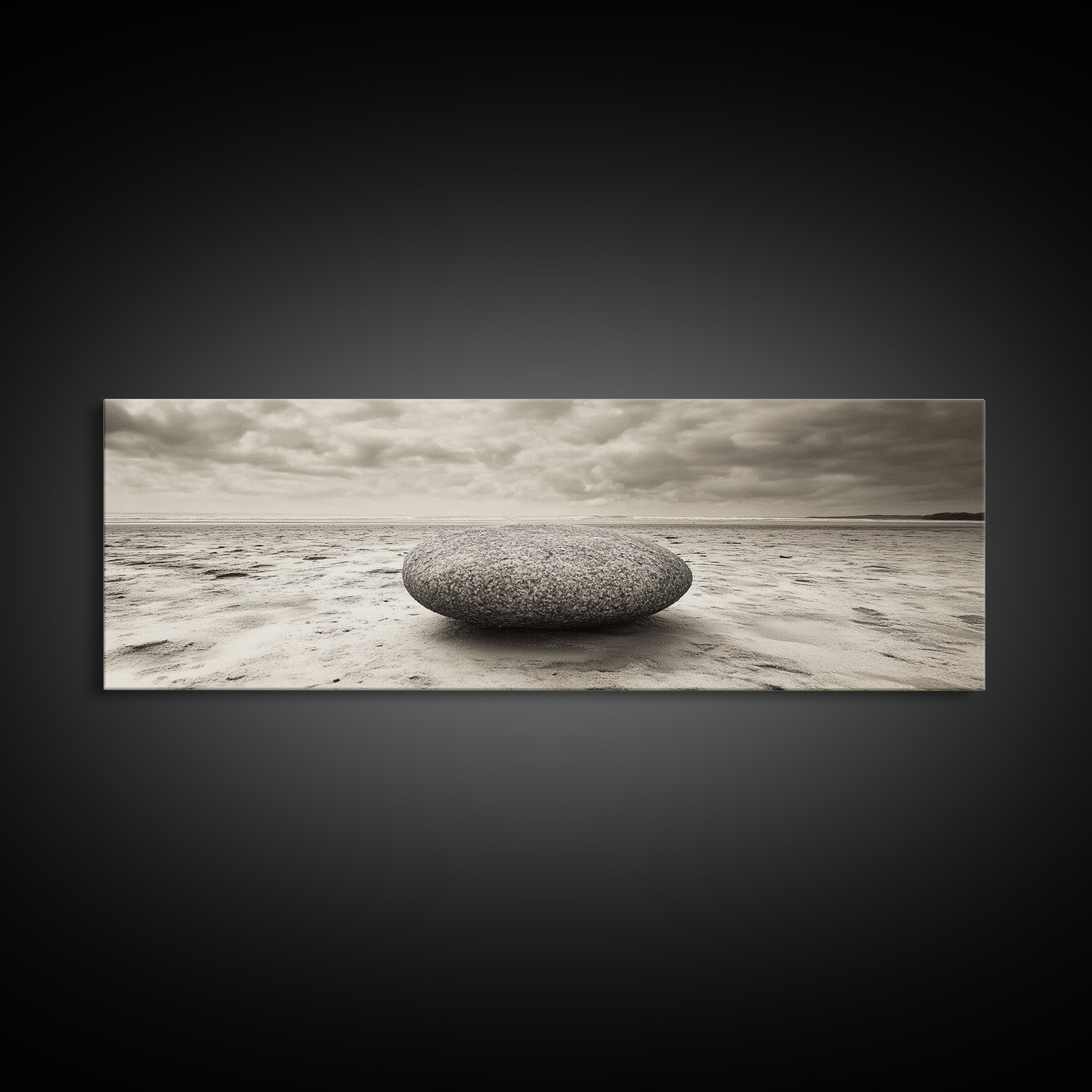 Round Beach Boulder, Serene Shore, Natural Simplicity, Neutral Toned Framed Canvas Print, Minimalist Living Room or Yoga Wall Art