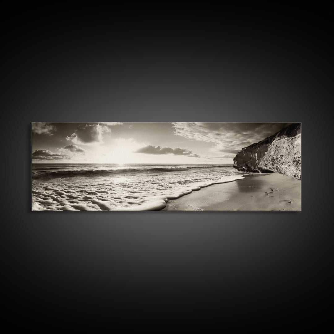 Cliff Coastline, Ocean Sunset, Beach Waves, Framed Canvas Print, seascape wall art, coastal bedroom decor, relaxing nature vibe, neutral art