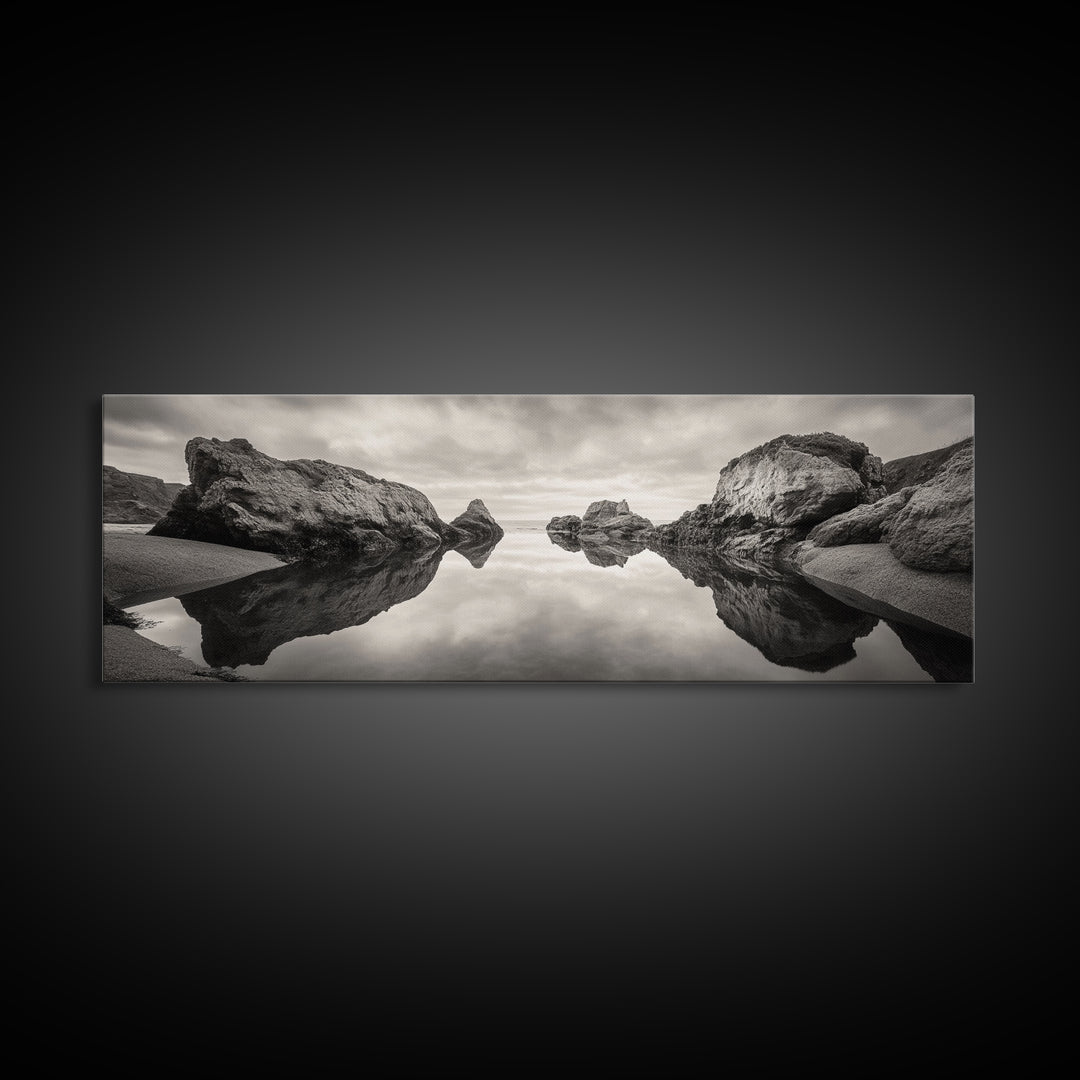 Rock Reflection, Coastal Tranquility, Nature Mirror, Framed Canvas Print, black and white coastal art, zen bathroom decor, moody ocean wall art