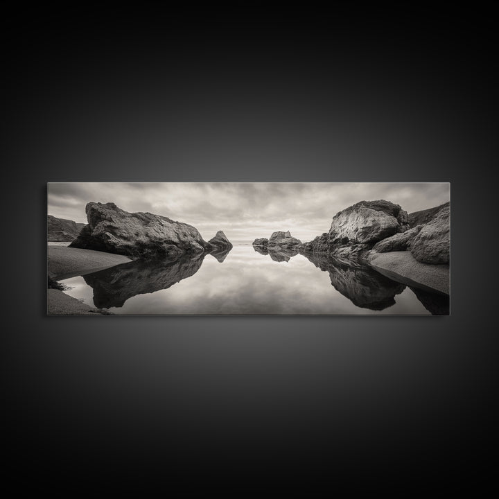 Rock Reflection, Coastal Tranquility, Nature Mirror, Framed Canvas Print, black and white coastal art, zen bathroom decor, moody ocean wall art
