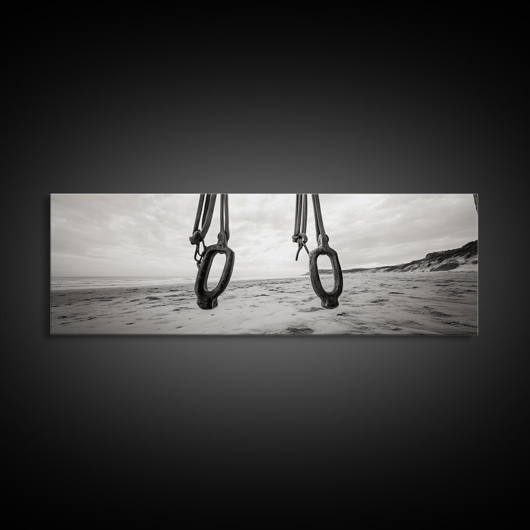 Nautical Swing, Beach Ropes, Seaside Minimalism, Canvas Print, black and white beach decor, coastal hallway wall art, maritime rustic style