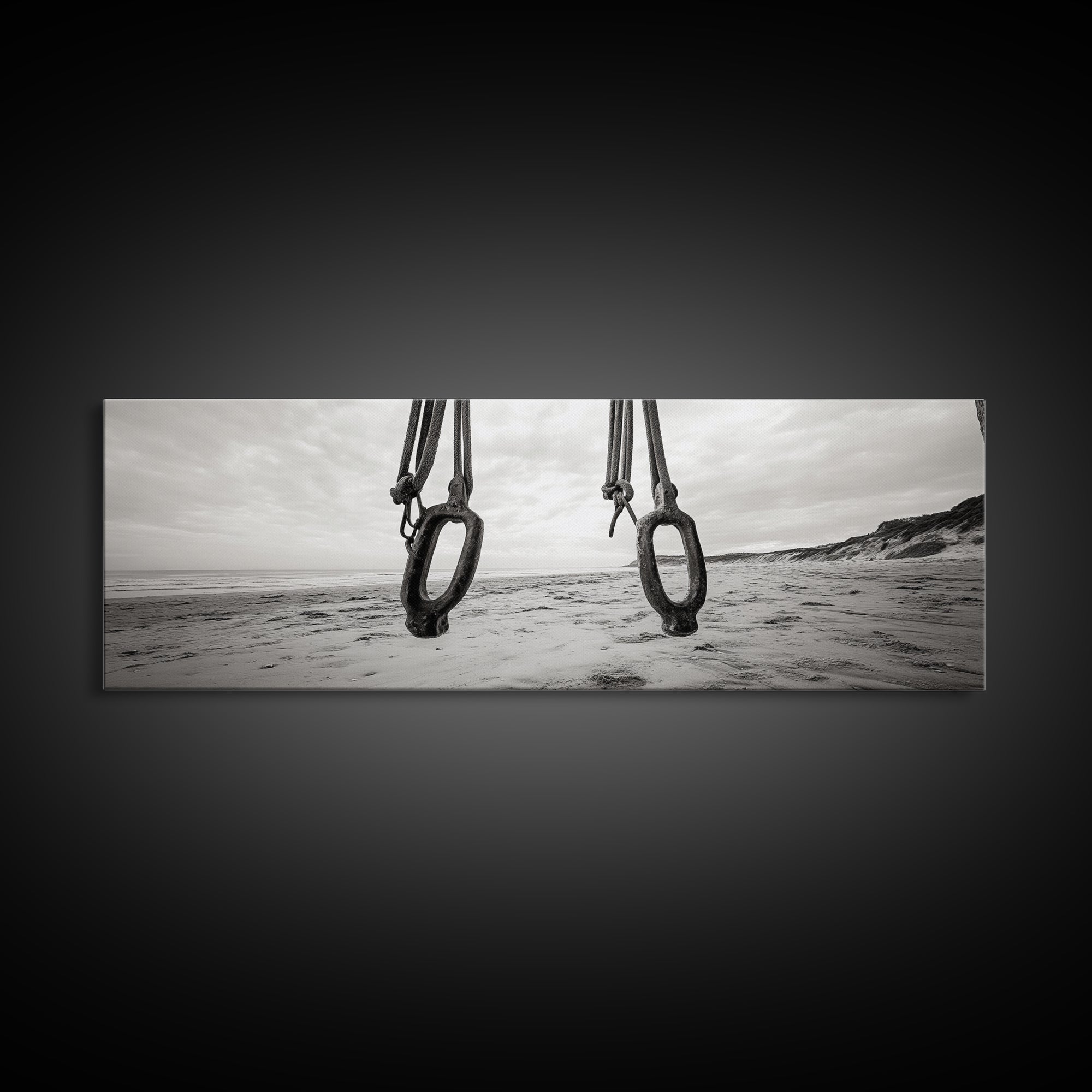 Nautical Swing, Beach Ropes, Seaside Minimalism, Canvas Print, black and white beach decor, coastal hallway wall art, maritime rustic style