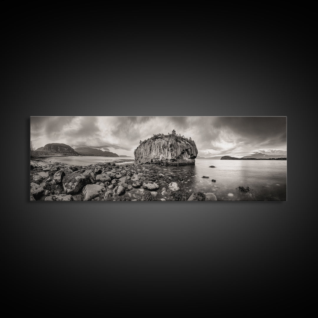 Island Shoreline, Rocky Coast View, Monochrome Nature, Framed Canvas Print, coastal kitchen decor, moody mountain beach wall art