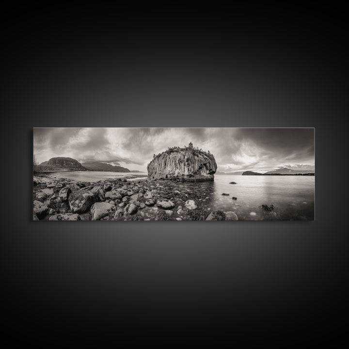 Island Shoreline, Rocky Coast View, Monochrome Nature, Framed Canvas Print, coastal kitchen decor, moody mountain beach wall art