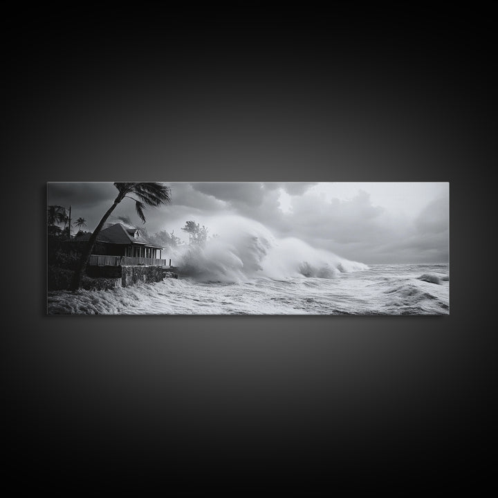 Stormy Waves, Ocean Fury, Tropical Housefront, Canvas Print, dramatic coastal decor, fall storm wall art, modern living room statement