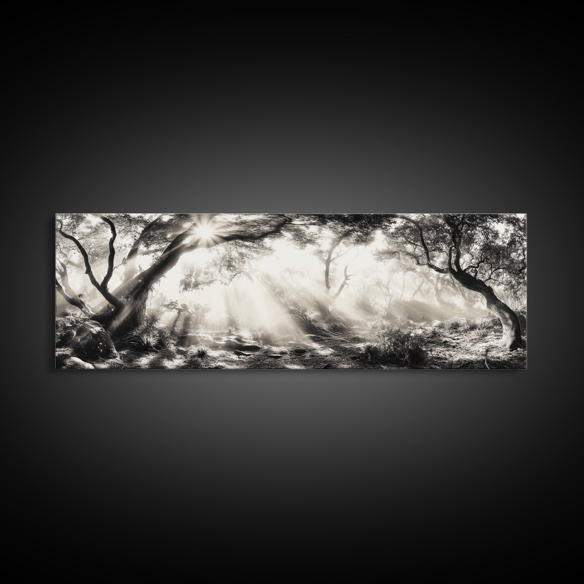 Enchanted Forest, Sunlight Rays, Dreamy Woodland, Framed Canvas Print, boho nature decor, spiritual wall art, bedroom forest scene