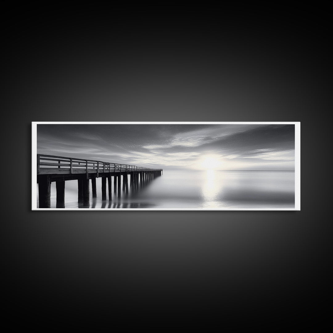 Ocean Pier, Tranquil Horizon, Serene Seascape, Framed Canvas Print, black and white beach wall art, bedroom coastal minimalism