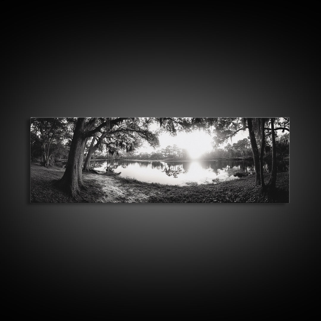 River Sunset, Mossy Trees, Tranquil Reflection, Framed Canvas Print, southern forest wall art, peaceful living room decor, rustic boho vibe