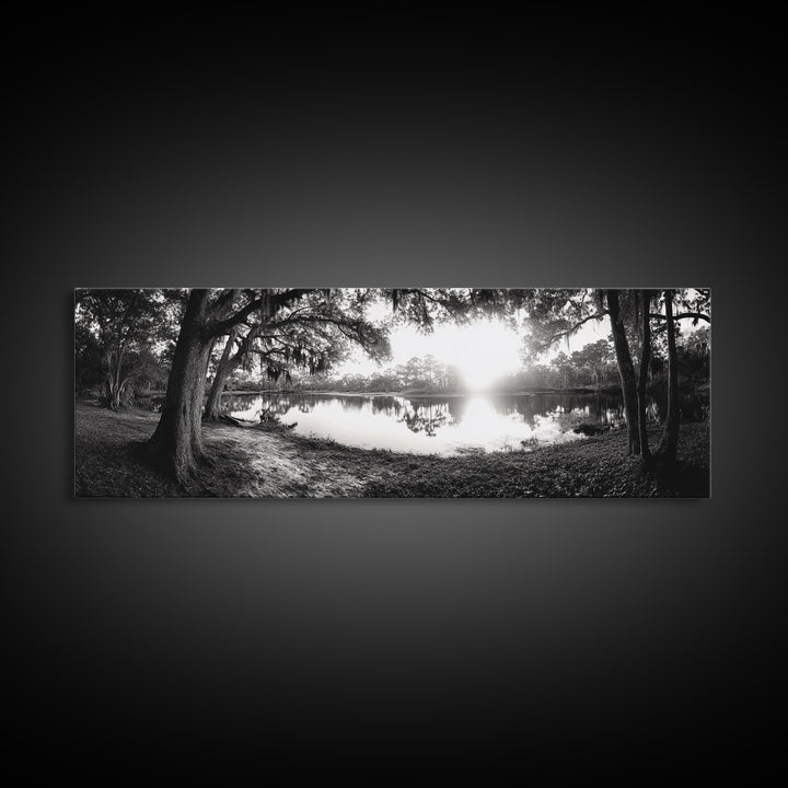 River Sunset, Mossy Trees, Tranquil Reflection, Framed Canvas Print, southern forest wall art, peaceful living room decor, rustic boho vibe