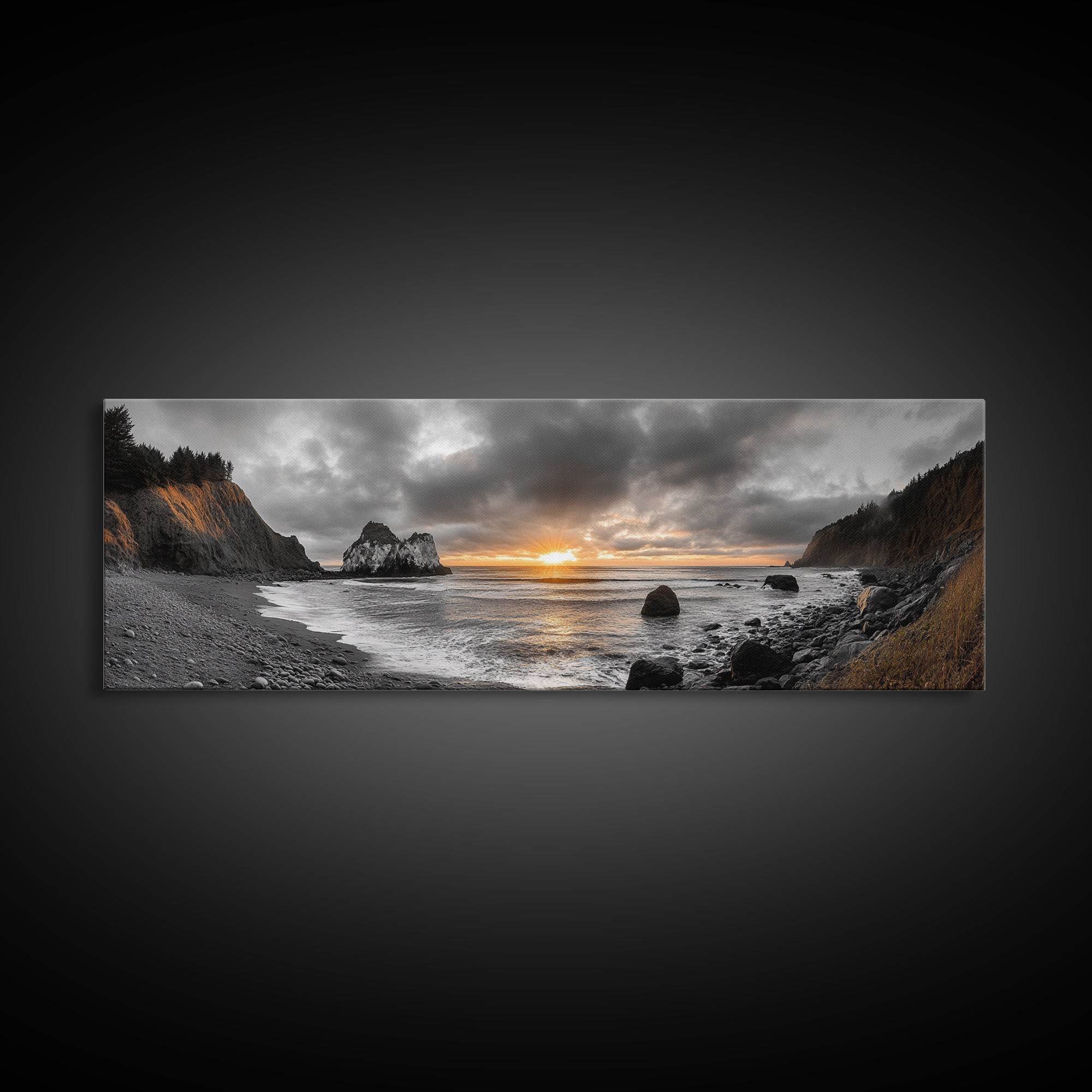 Ocean Sunset, Rocky Shore, Dramatic Coast, Canvas Print, fall beach wall art, earthy coastal home decor, nature photography, den artwork