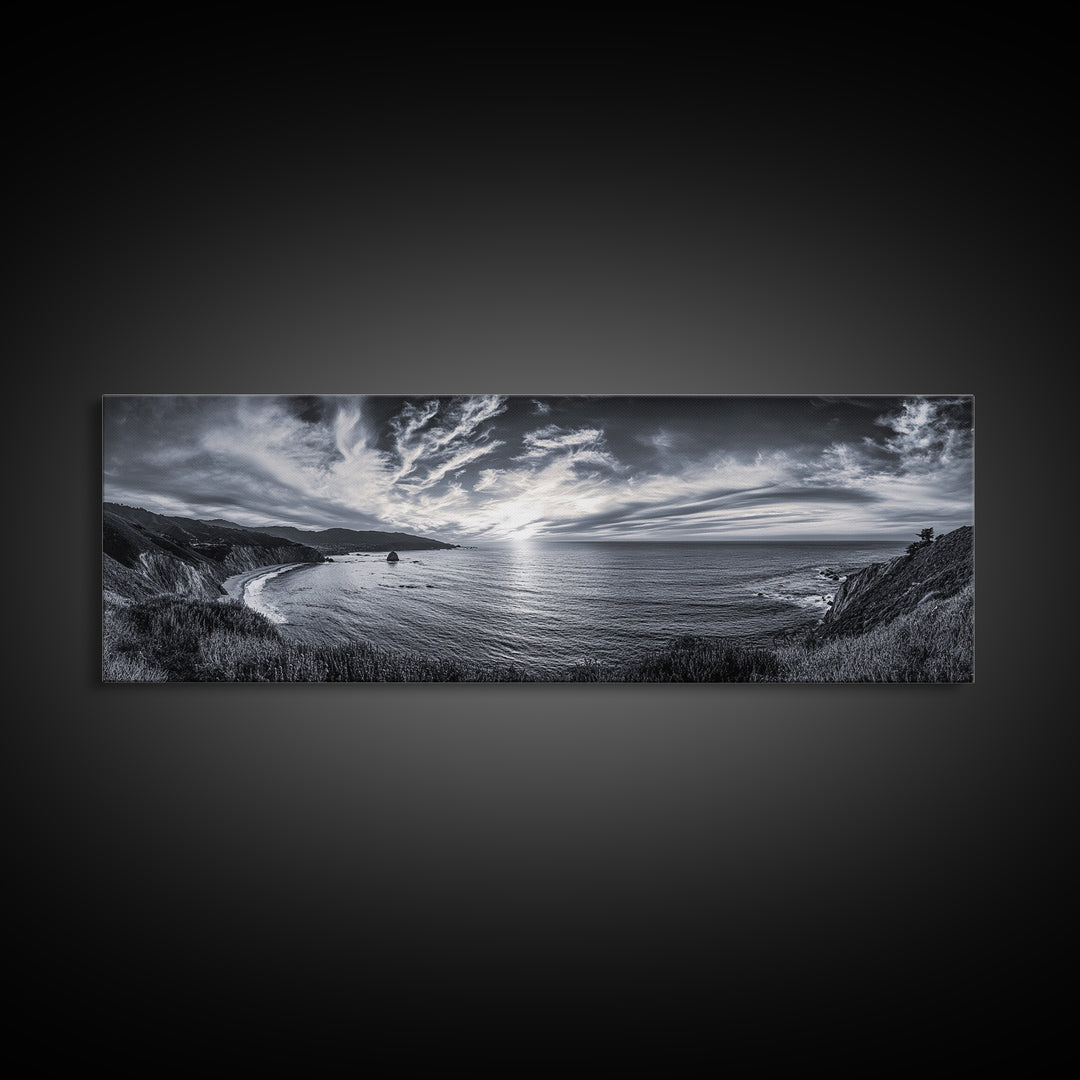 Cloudy Horizon, Wide Ocean View, Coastal Cliffs, Framed Canvas Print, dramatic seascape wall art, coastal kitchen decor, black and white