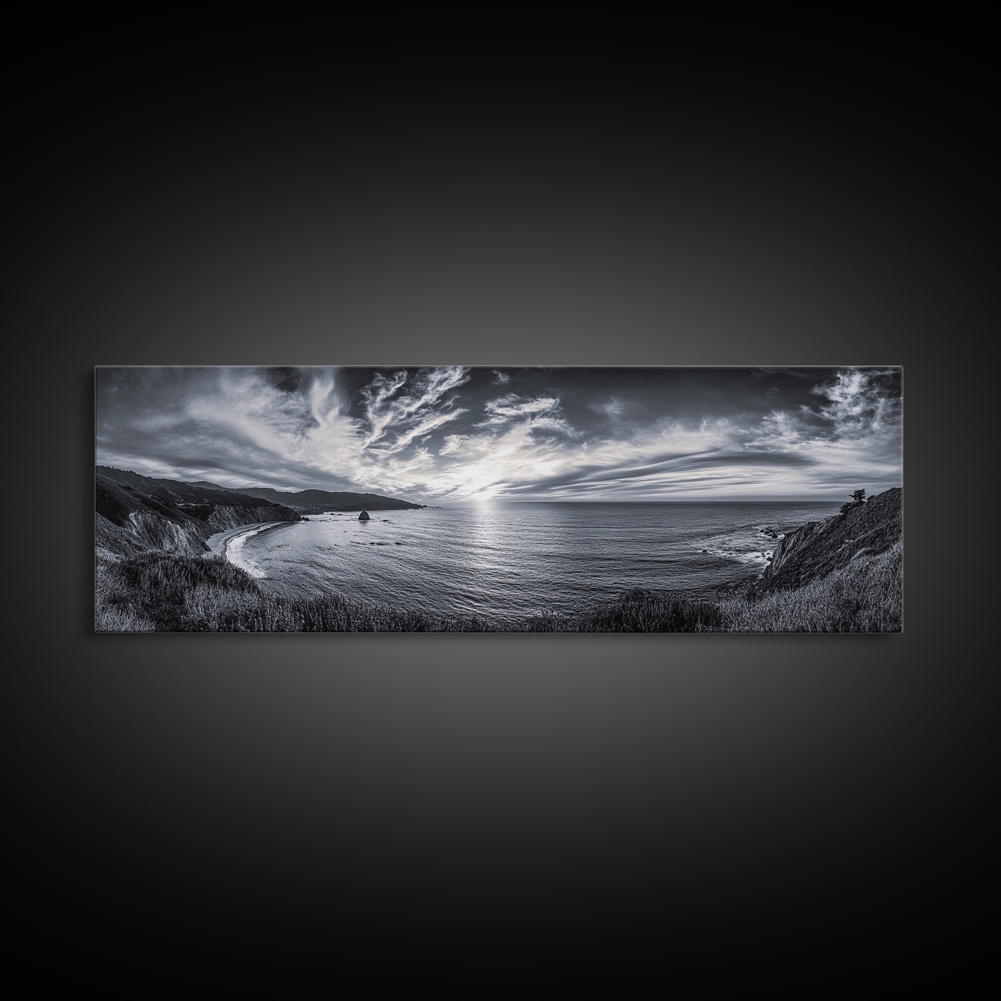 Cloudy Horizon, Wide Ocean View, Coastal Cliffs, Framed Canvas Print, dramatic seascape wall art, coastal kitchen decor, black and white