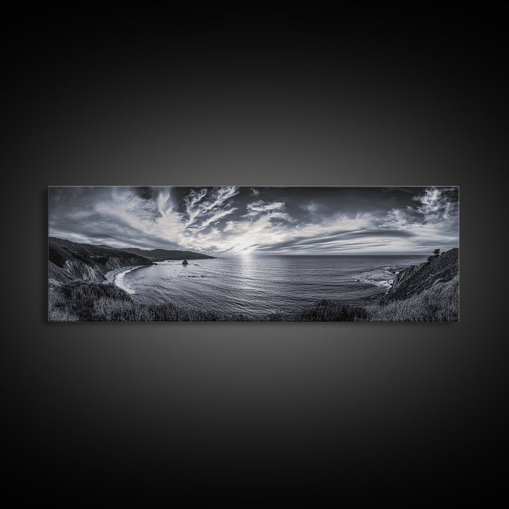 Cloudy Horizon, Wide Ocean View, Coastal Cliffs, Framed Canvas Print, dramatic seascape wall art, coastal kitchen decor, black and white