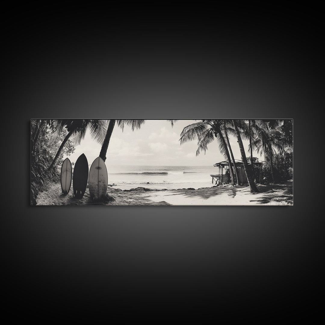 Surf Shack, Palm Trees, Tropical Boards, Canvas Print, retro beach wall art, coastal boho room decor, surfer cabin vibe, chill summer look