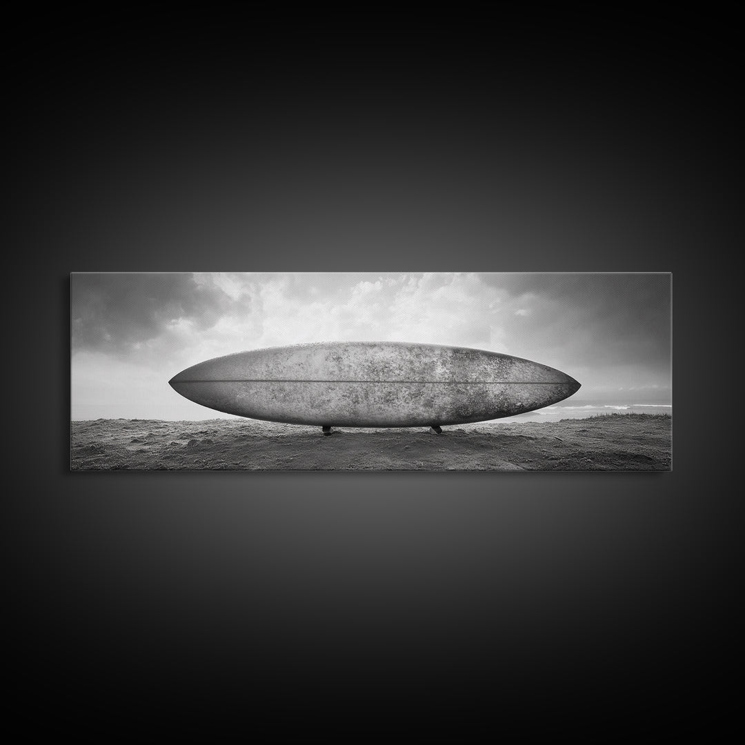 Surfboard Alone, Beach Sand, Cloudy Sky, Framed Canvas Print, minimalist surf art, coastal man cave decor, surf lover gift idea