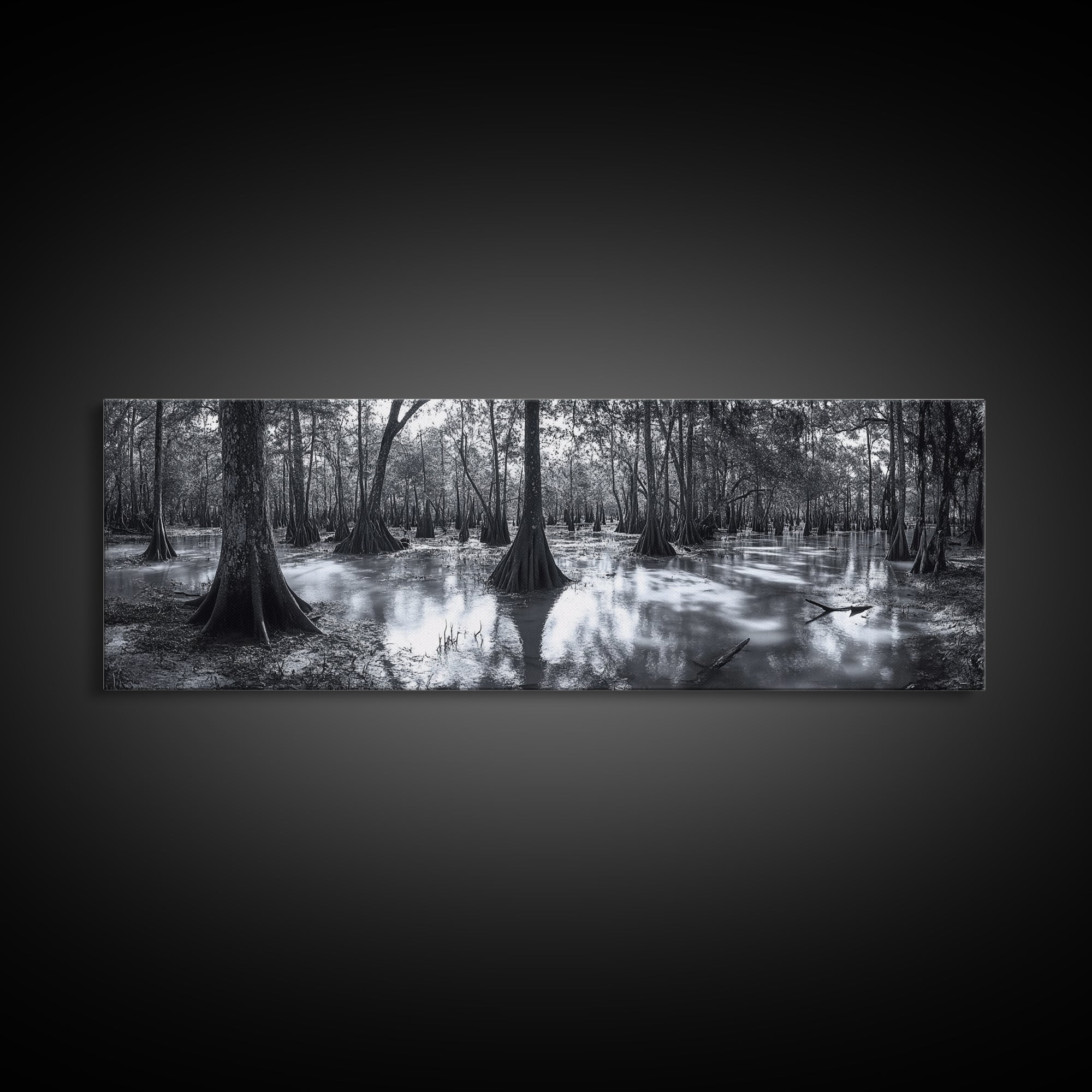Swamp Roots, Cypress Trees, Flooded Forest, Framed Canvas Print, southern nature art, rustic lodge wall decor, moody woodland photography