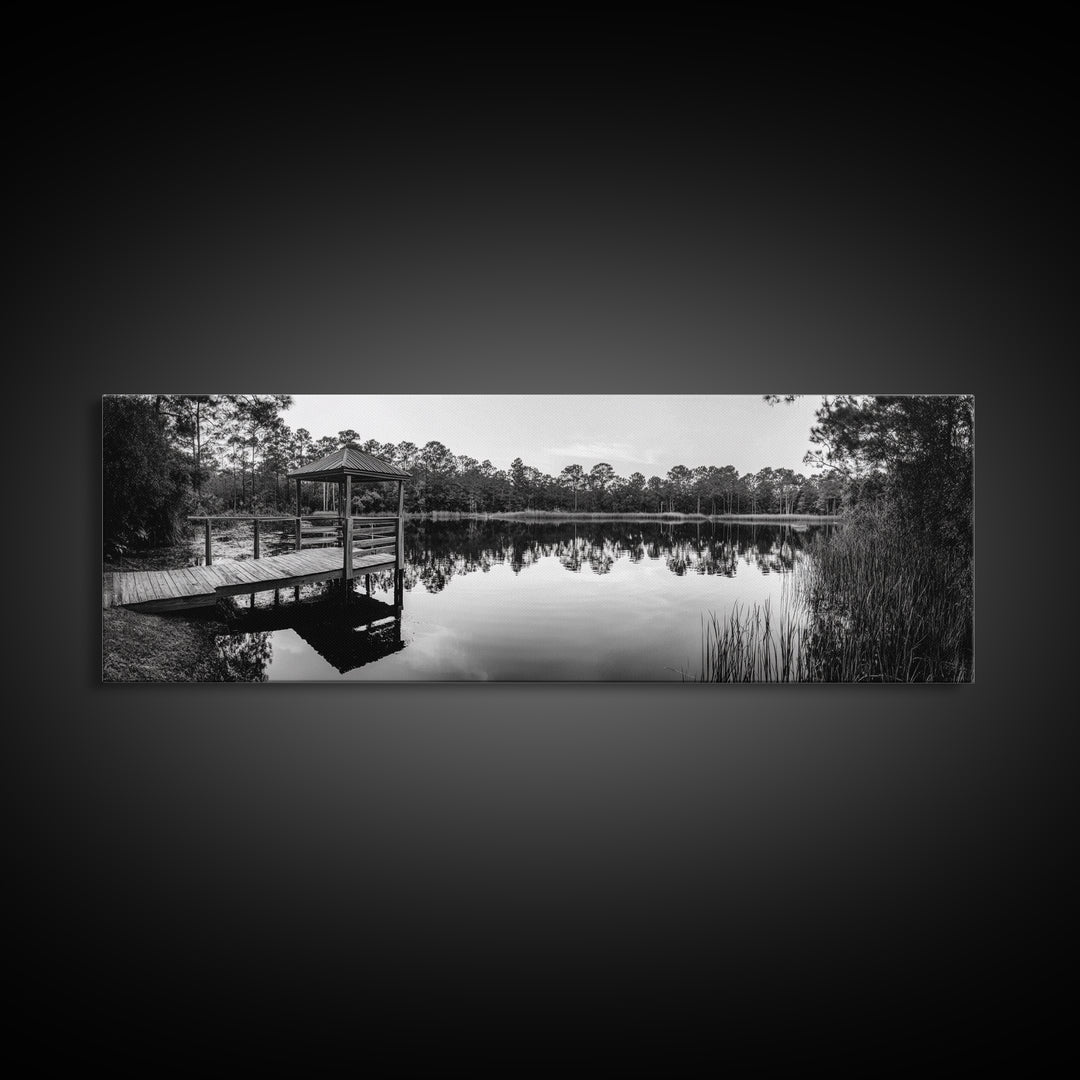 Still Lake Dock, Nature Reflections, Tranquil Scene, Canvas Print, Rustic Landscape Photography, Farmhouse Wall Art, Entryway Decor
