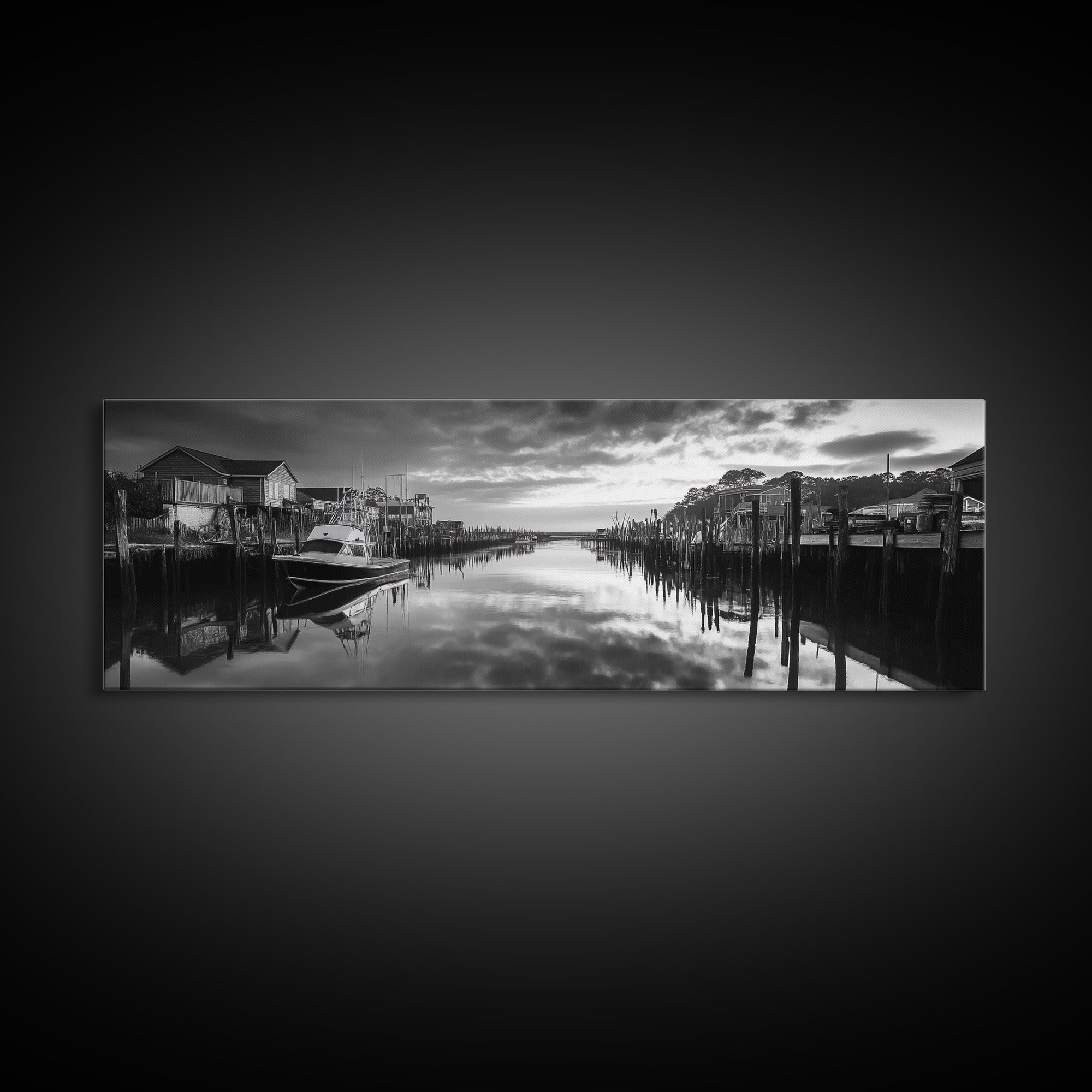 Fishing Dock, Quiet Marina, Waterside Village, Canvas Print, Nautical Wall Art, Lake House Decor, Black and White Photography