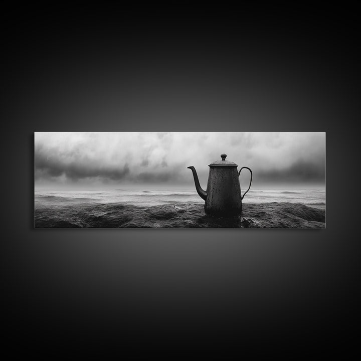 Coastal Teapot Still, Nautical Decor, Ocean Photography, Minimalist Kitchen Art, Canvas Print, Monochrome Style, Beach House Art