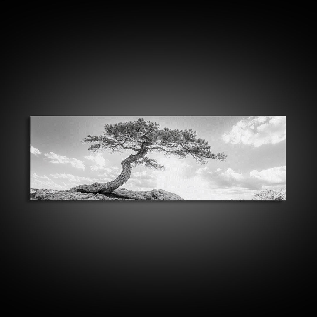 Lone Curved Tree, Zen Nature Print, Minimalist Landscape, Calming Decor, Framed Canvas Print, Bedroom Wall Statement