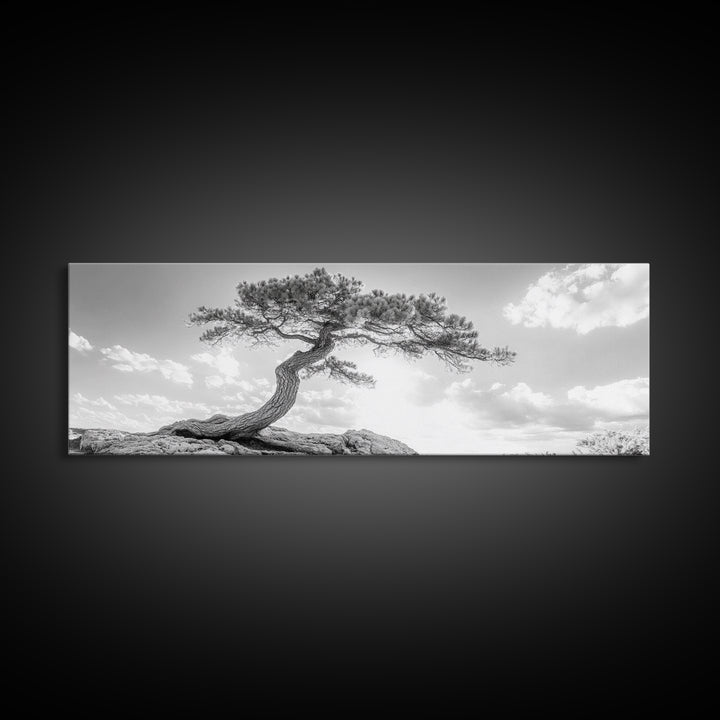 Lone Curved Tree, Zen Nature Print, Minimalist Landscape, Calming Decor, Framed Canvas Print, Bedroom Wall Statement