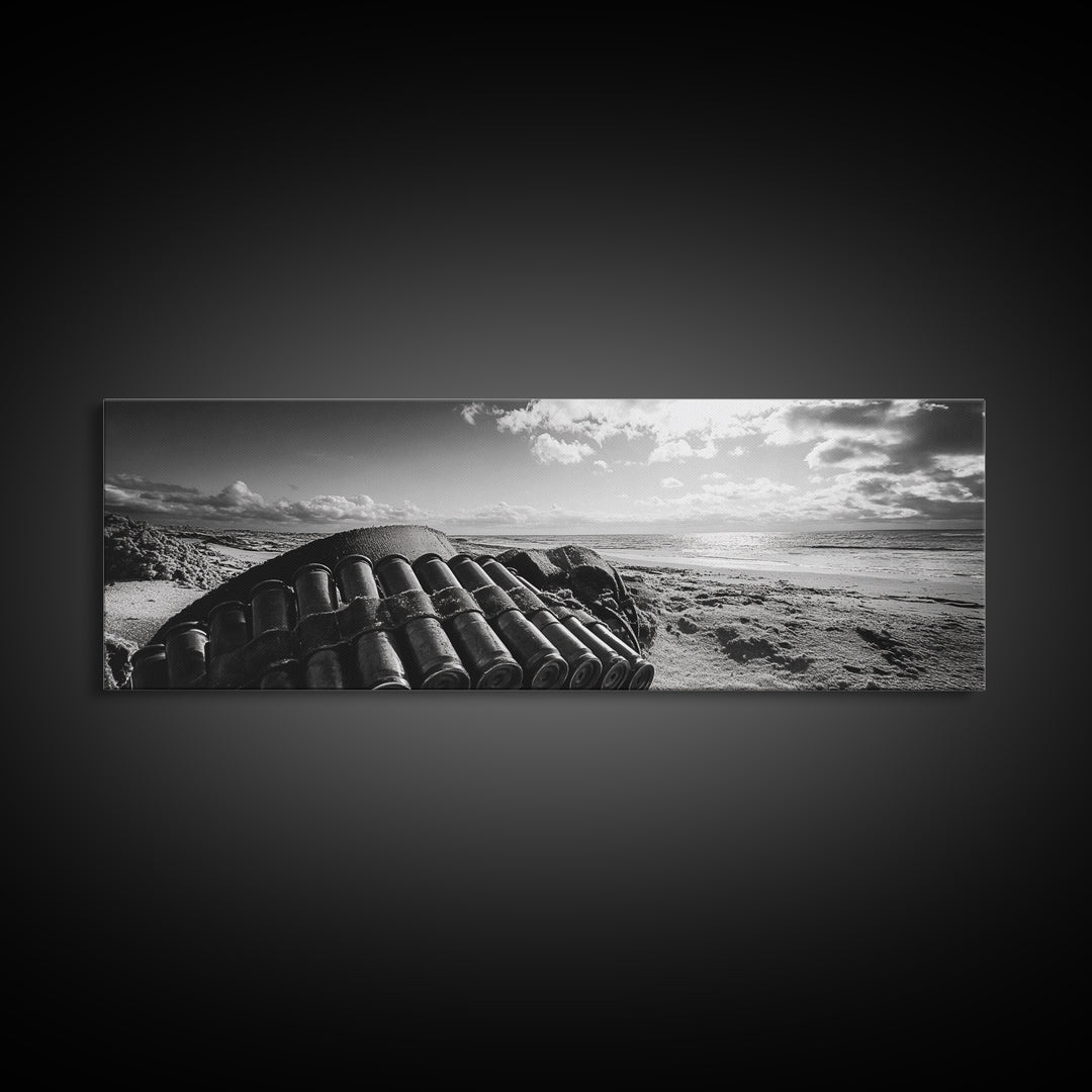 Beach Ammo, War Relic, Ocean Shoreline, WWII Remnants, Framed Canvas Print, Industrial Wall Art, Man Cave Decor, Coastal Photography