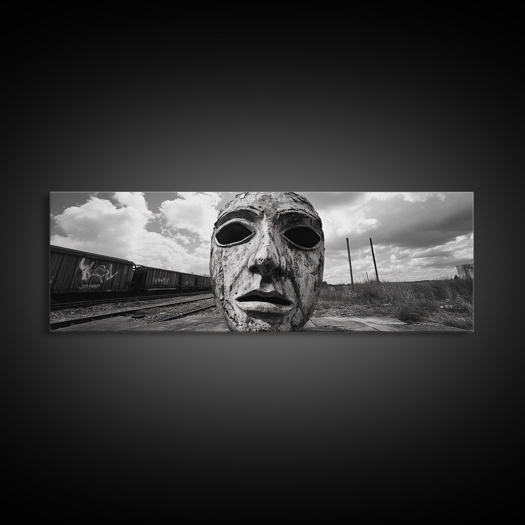 Abandoned Train Mask, Urban Surrealism, Monochrome Street Art, Modern Edgy Decor, Framed Canvas Print, Industrial Room Style
