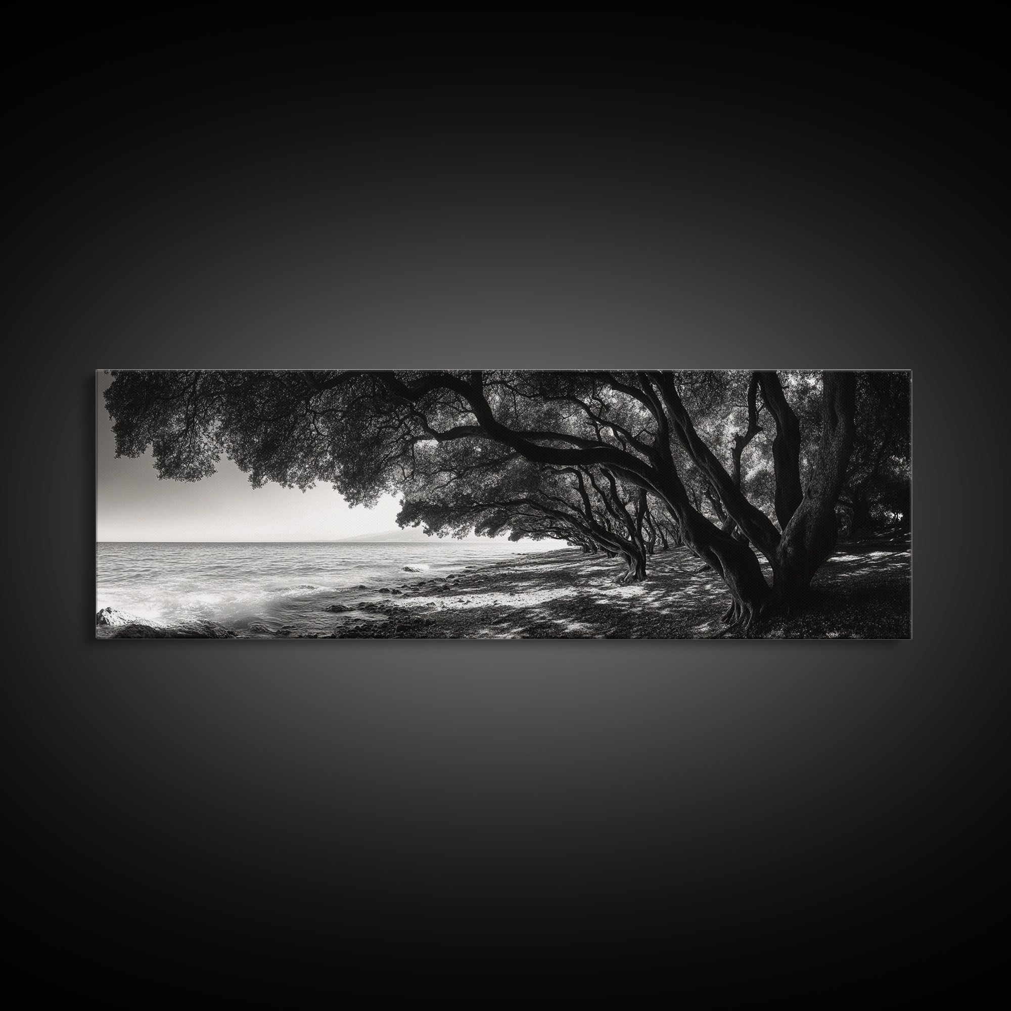 Ocean Trees, Shoreline Light, Majestic Forest, Beach Scene, Framed Canvas Print, Boho Wall Decor, Bedroom Art, Zen Coastal Artwork