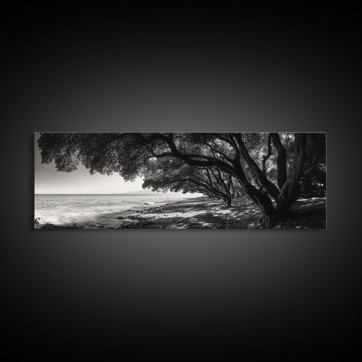 Ocean Trees, Shoreline Light, Majestic Forest, Beach Scene, Framed Canvas Print, Boho Wall Decor, Bedroom Art, Zen Coastal Artwork