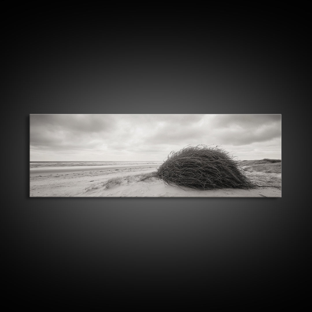 Windswept Dunes, Coastal Brush, Tumbleweed Form, Beach Nature, Framed Canvas Print, Fall Wall Art, Rustic Decor, Neutral Bedroom Style