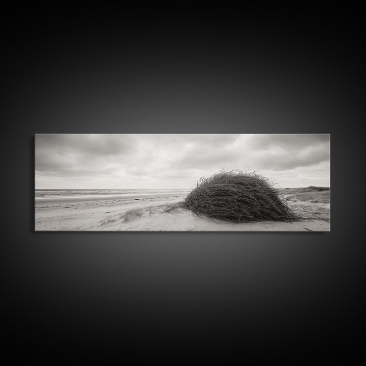 Windswept Dunes, Coastal Brush, Tumbleweed Form, Beach Nature, Framed Canvas Print, Fall Wall Art, Rustic Decor, Neutral Bedroom Style
