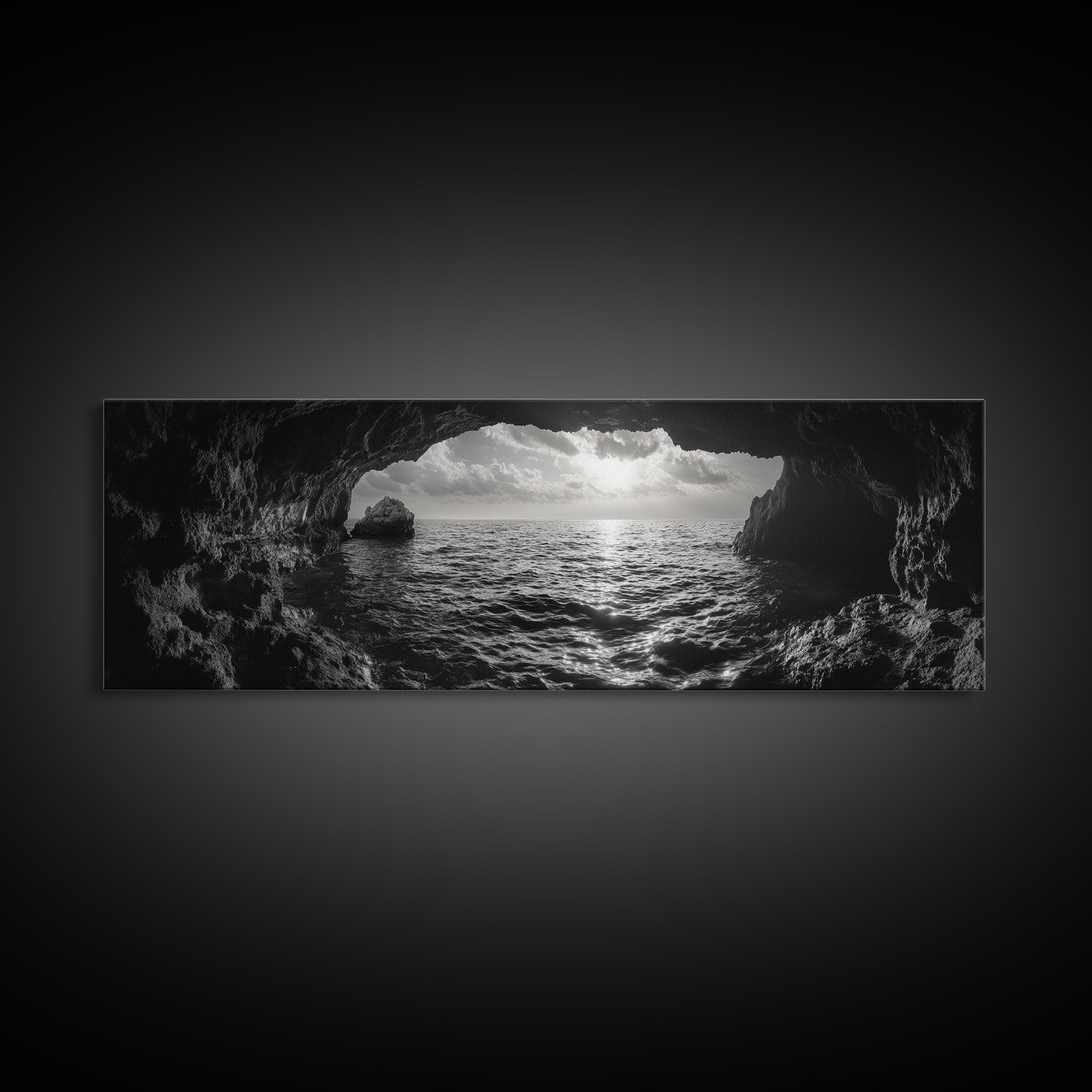 Ocean Cave, Horizon View, Seascape Tunnel, Sunset Waters, Framed Canvas Print, Coastal Bathroom Art, Nature Lover Gift, Minimal Decor
