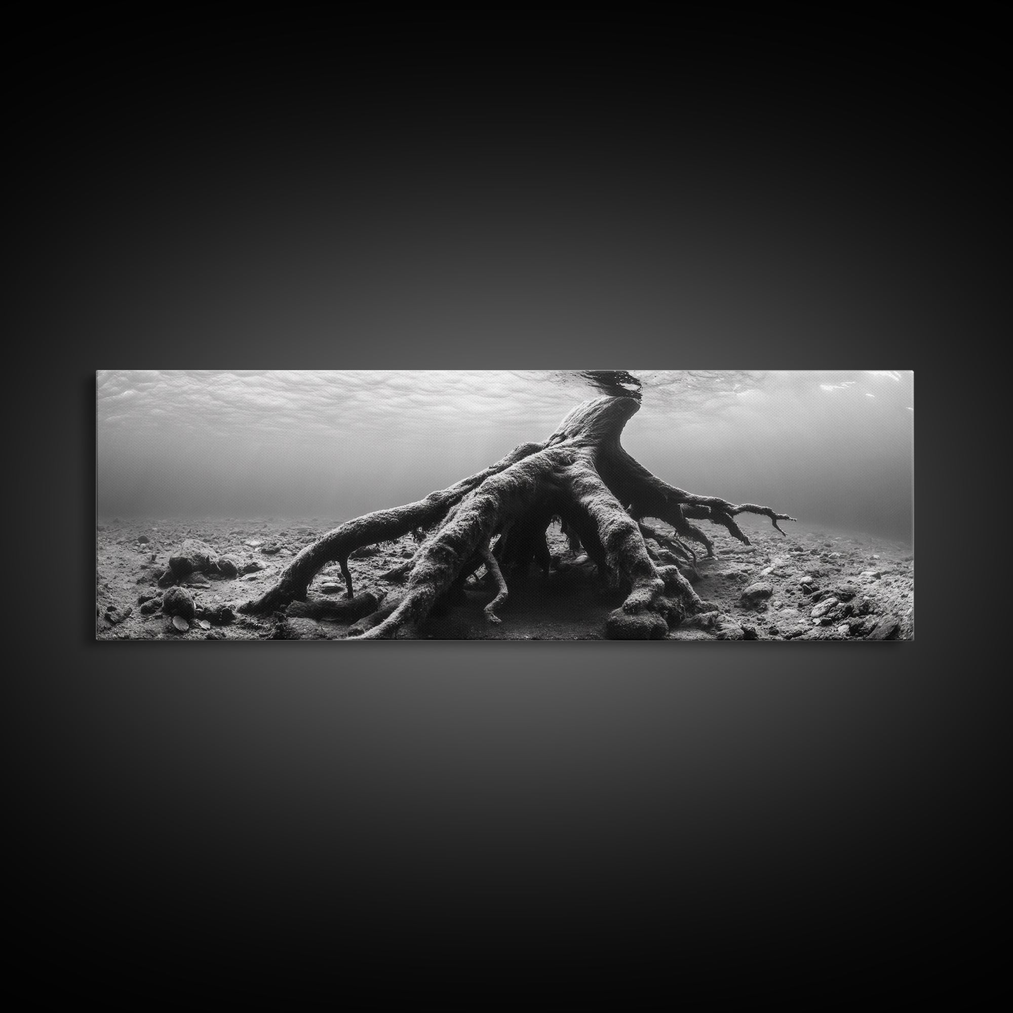 Ancient Roots, Submerged Tree, Nature Photography, Black and White, Canvas Print, Minimalist Underwater Art, Office Wall Art, Moody Decor