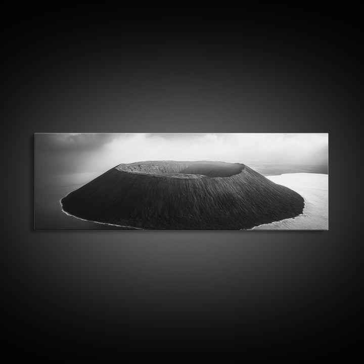 Island Volcano, Crater View, Aerial Landscape, Coastal Photography, Canvas Print, Nature Wall Decor, Bedroom Art, Monochrome Landscape