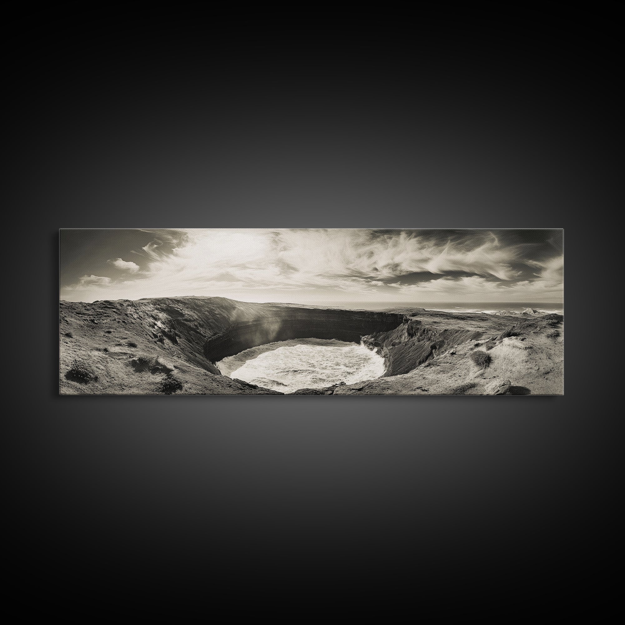 Ocean Crater, Coastal Cliff, Surreal Nature Art, Black and White Canvas Print, Gallery Wall Art, Earthy Decor, Adventure Inspired