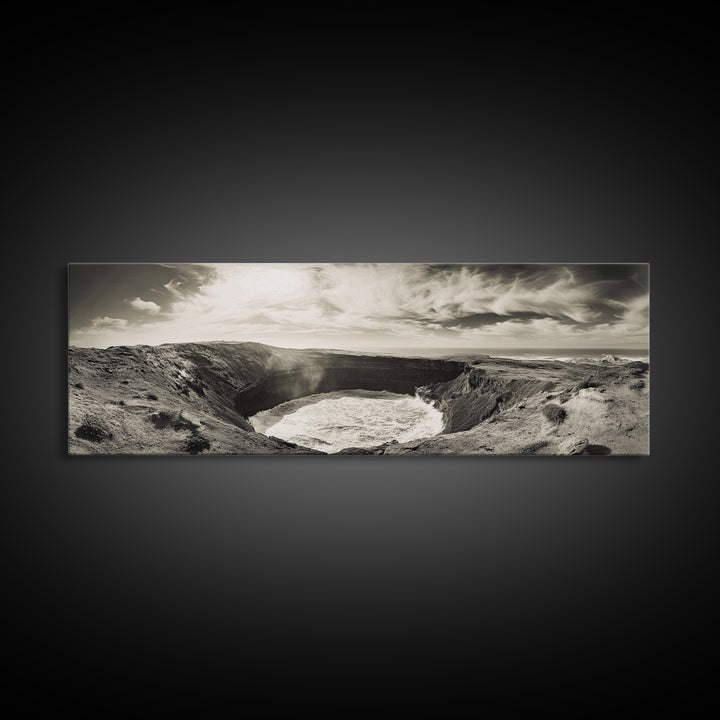 Ocean Crater, Coastal Cliff, Surreal Nature Art, Black and White Canvas Print, Gallery Wall Art, Earthy Decor, Adventure Inspired