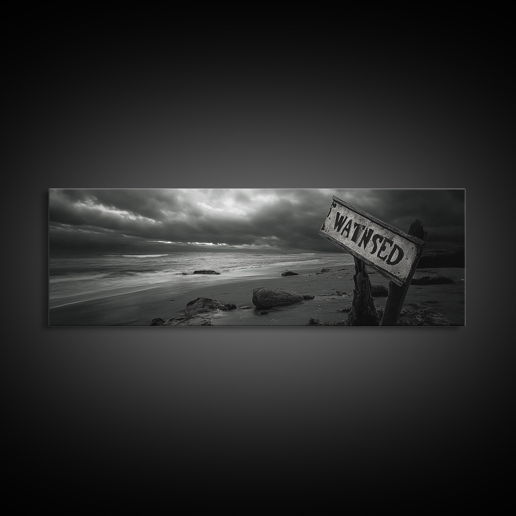 Stormy Beach, Weathered Sign, Moody Ocean, Black and White Photography, Framed Canvas Print, Coastal Gothic Wall Art, Autumn Decor