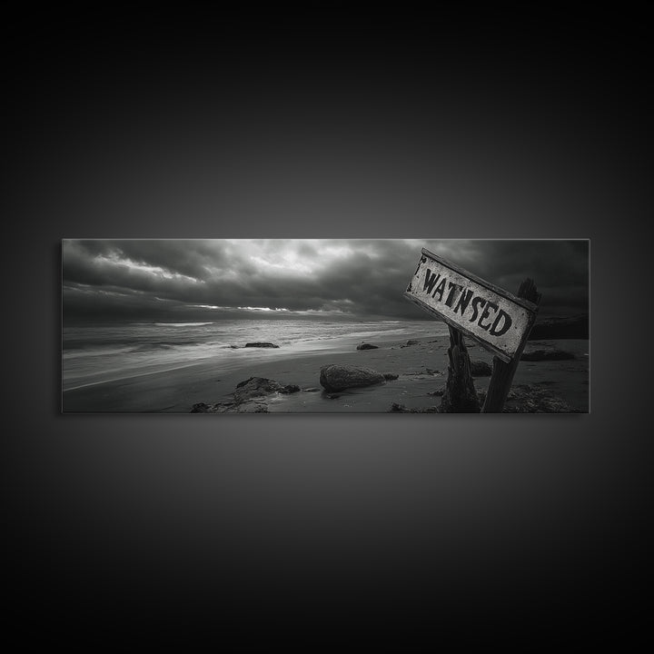 Stormy Beach, Weathered Sign, Moody Ocean, Black and White Photography, Framed Canvas Print, Coastal Gothic Wall Art, Autumn Decor
