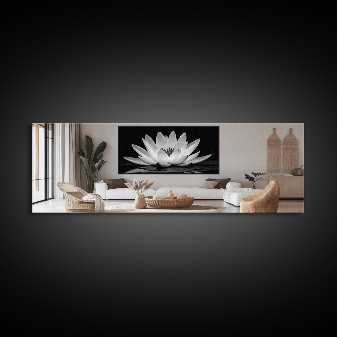 Lotus Bloom, Zen Flower, Tranquil Petals, Spiritual Nature Print, Black and White, Canvas Print, Spa Wall Decor, Meditation Room Art