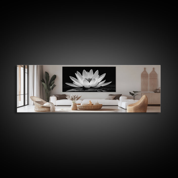 Lotus Bloom, Zen Flower, Tranquil Petals, Spiritual Nature Print, Black and White, Canvas Print, Spa Wall Decor, Meditation Room Art