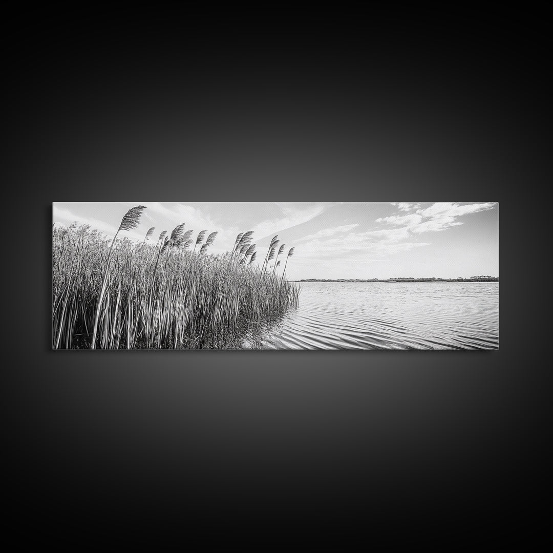Windy Reeds, Lakeside Breeze, Natural Grass Art, Monochrome Landscape, Canvas Print, Boho Living Room Decor, Botanical Minimalist Wall Art