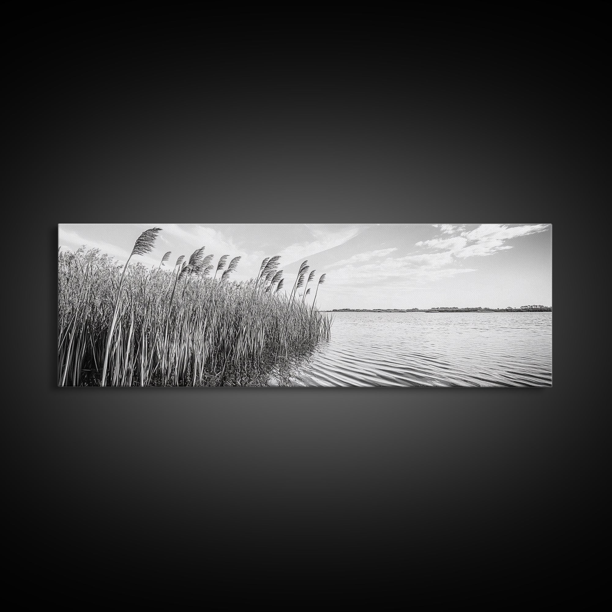 Windy Reeds, Lakeside Breeze, Natural Grass Art, Monochrome Landscape, Canvas Print, Boho Living Room Decor, Botanical Minimalist Wall Art