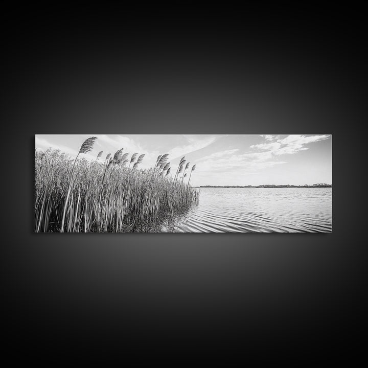 Windy Reeds, Lakeside Breeze, Natural Grass Art, Monochrome Landscape, Canvas Print, Boho Living Room Decor, Botanical Minimalist Wall Art