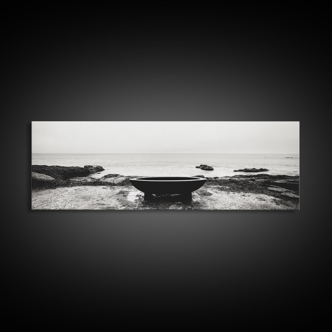 Coastal Boat, Ocean Horizon, Solitude Scene, Black and White Seascape, Canvas Print, Modern Bathroom Wall Art, Minimalist Decor