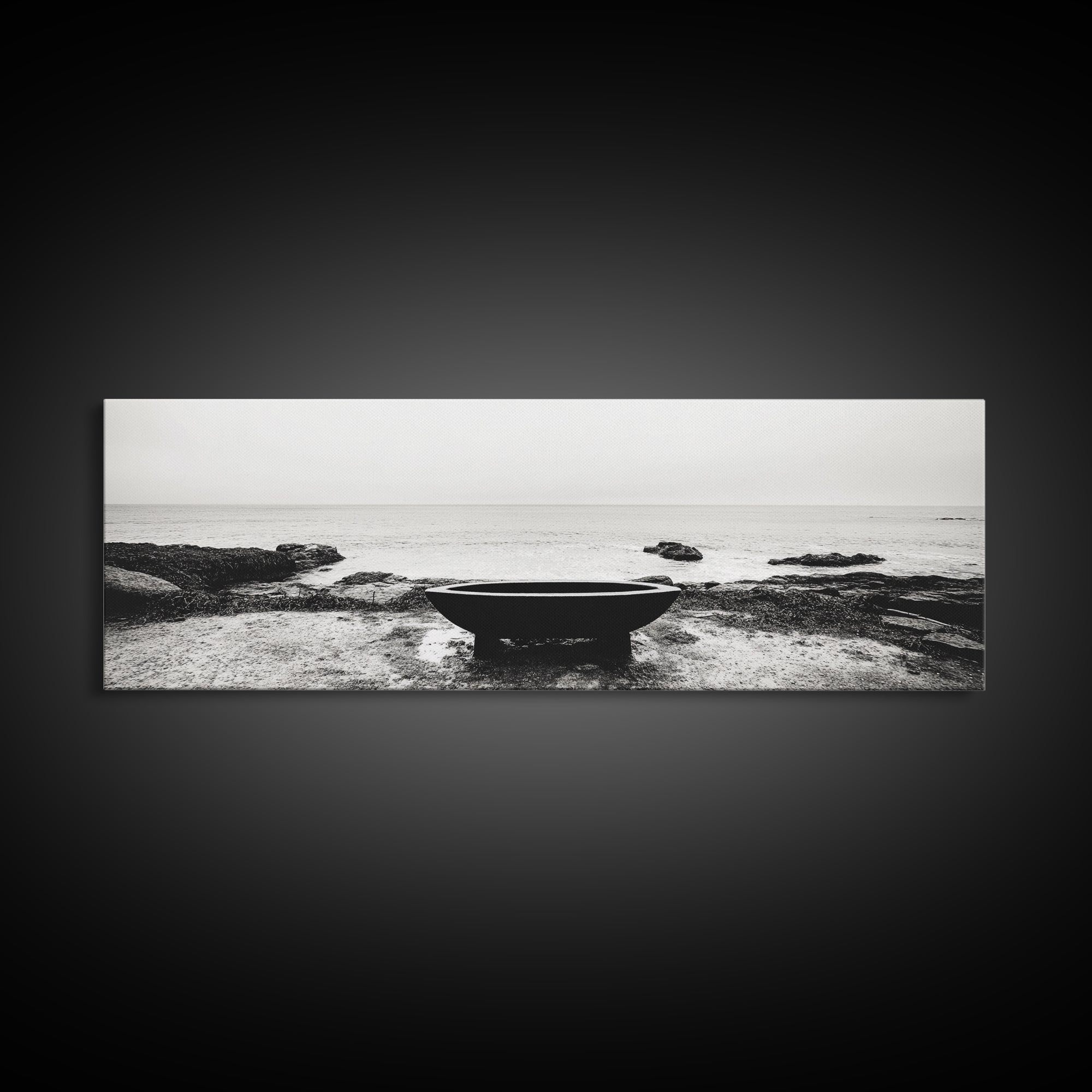 Coastal Boat, Ocean Horizon, Solitude Scene, Black and White Seascape, Canvas Print, Modern Bathroom Wall Art, Minimalist Decor