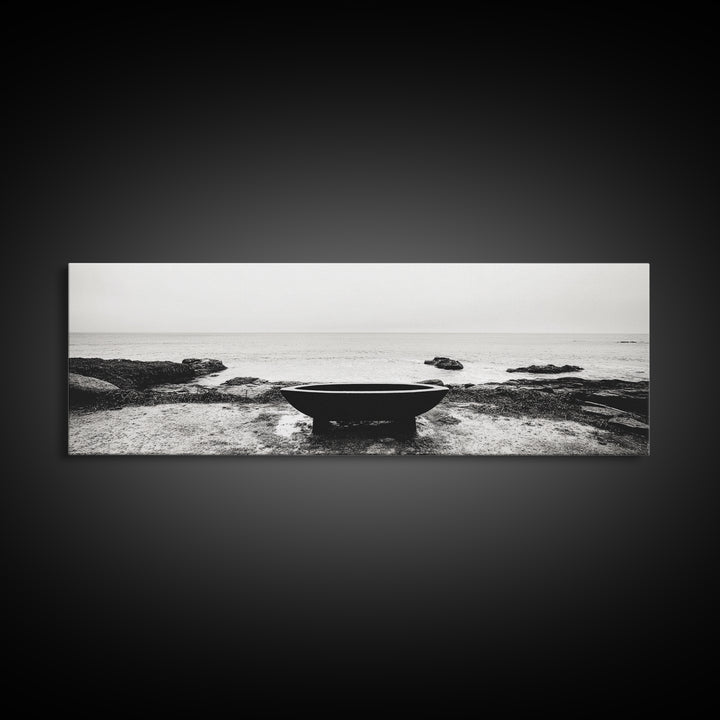 Coastal Boat, Ocean Horizon, Solitude Scene, Black and White Seascape, Canvas Print, Modern Bathroom Wall Art, Minimalist Decor