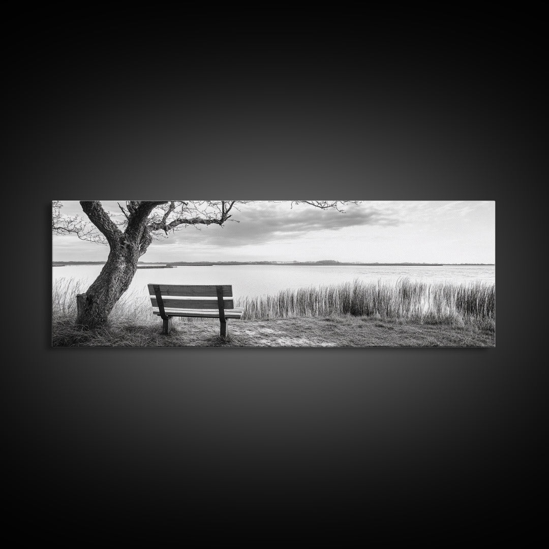 Quiet Lake Bench, Peaceful Reflection, Nature Photography, Framed Canvas Print, Serene Bedroom Decor, Minimalist Living Room Wall Art