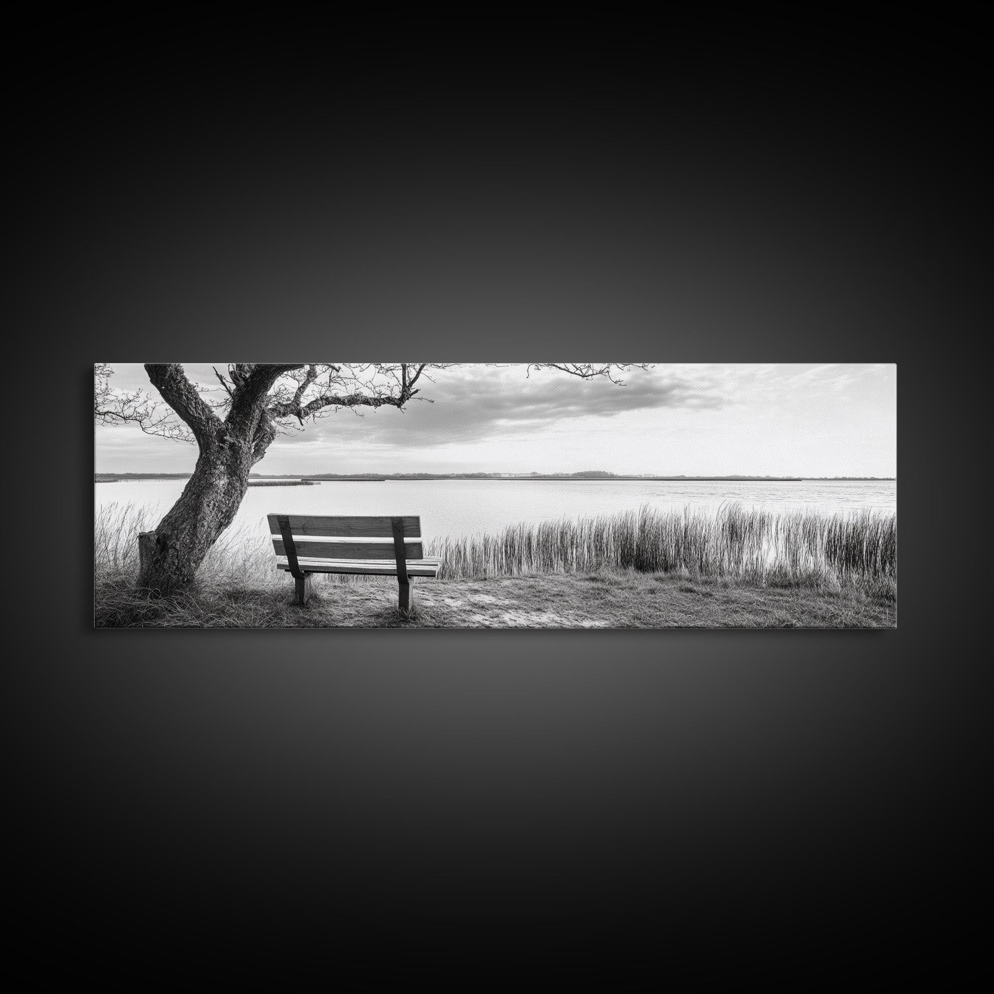 Quiet Lake Bench, Peaceful Reflection, Nature Photography, Framed Canvas Print, Serene Bedroom Decor, Minimalist Living Room Wall Art