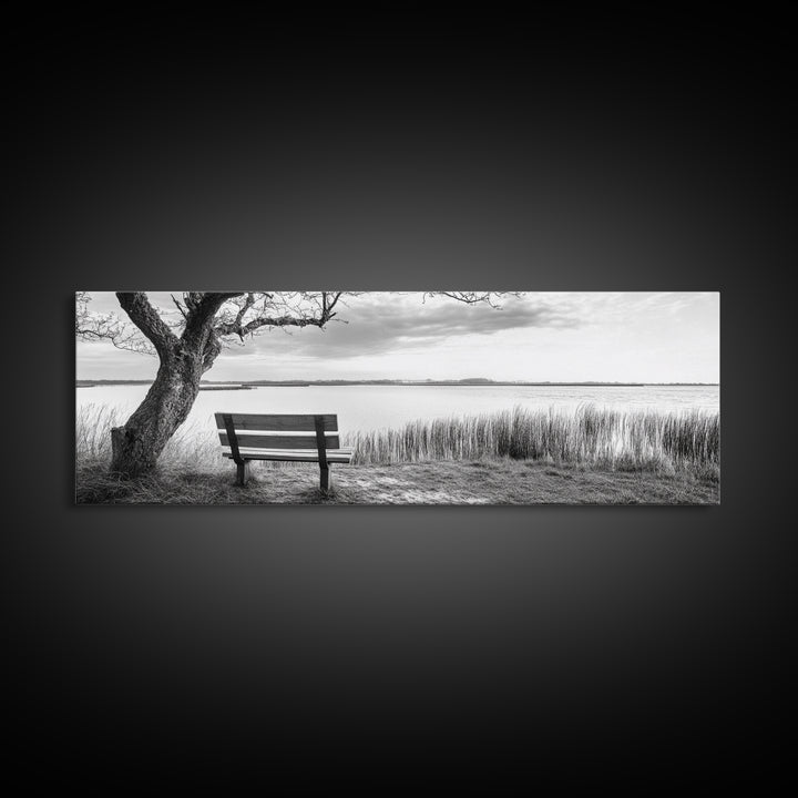 Quiet Lake Bench, Peaceful Reflection, Nature Photography, Framed Canvas Print, Serene Bedroom Decor, Minimalist Living Room Wall Art
